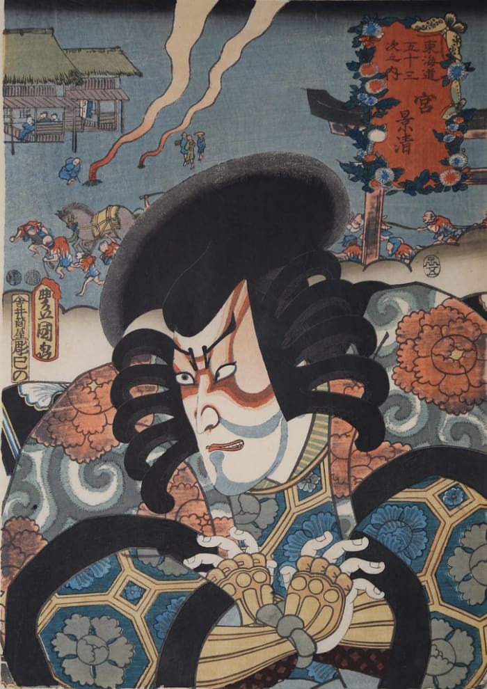 Woodcut by Utagawa Kunisada (1786-1864) depicting a kabuki actor, a type of traditional Japanese theater