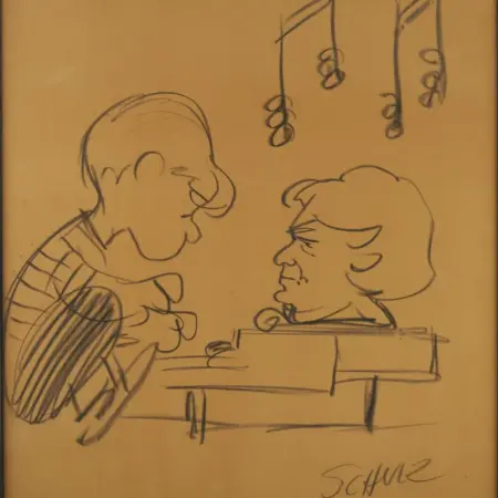 Charles Schulz Drawing of Schroeder w/ Piano w/ Letter Charles Schulz Charles Schulz Drawing of Schroeder w/ Piano w/ Letter