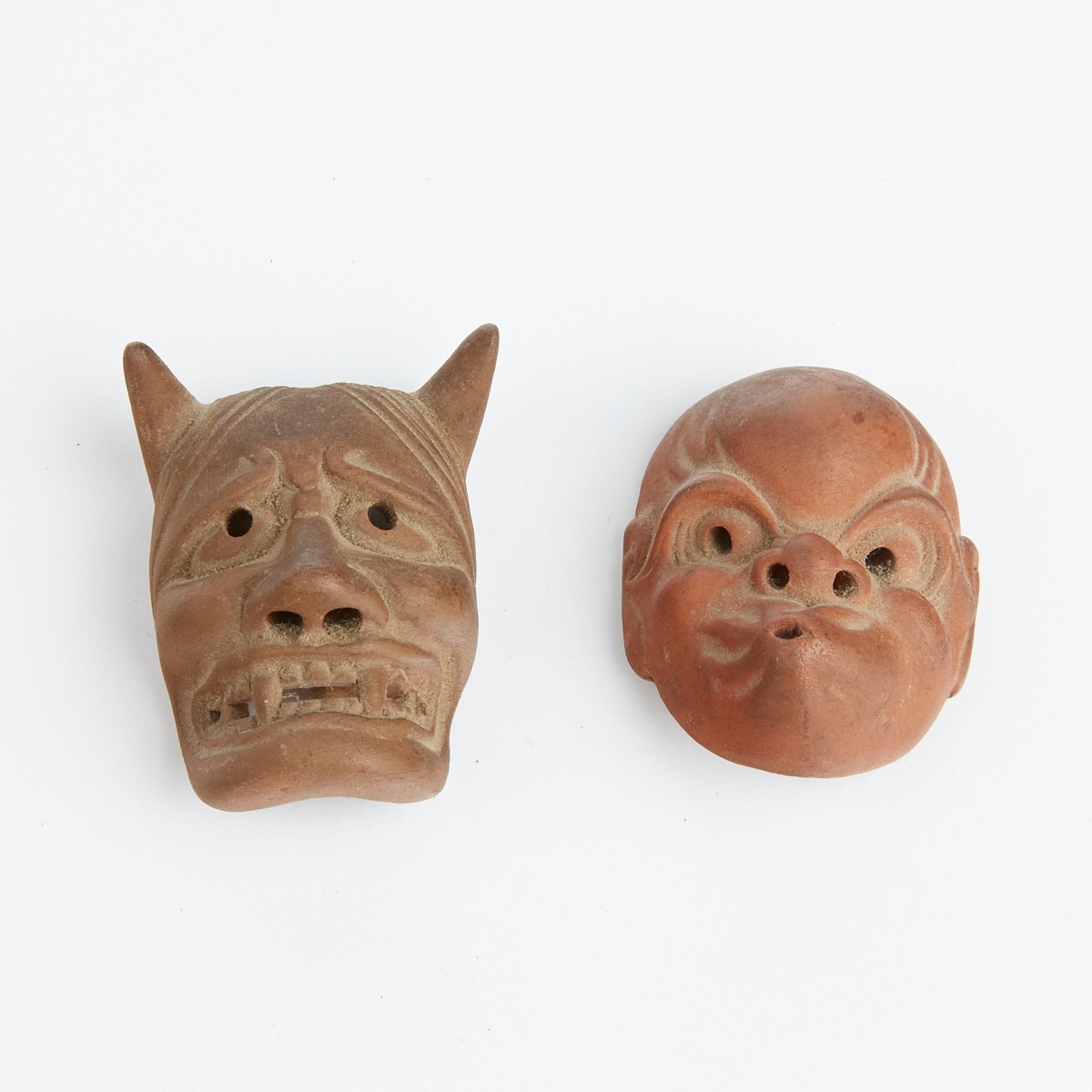 Grp: 2 Japanese Ceramic Netsuke as Noh Masks